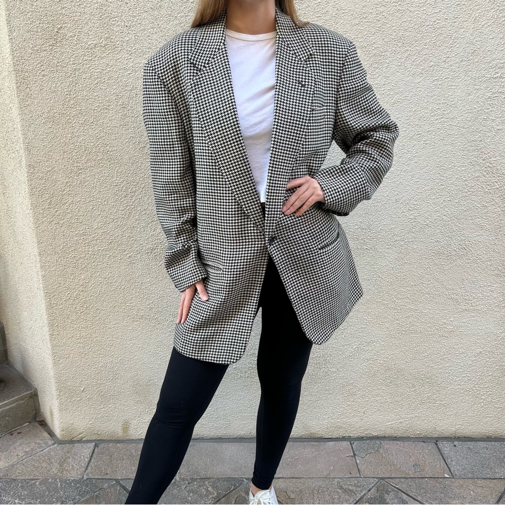 Vintage Donna Karan New York Houndstooth Blazer XL Black Cream 40
